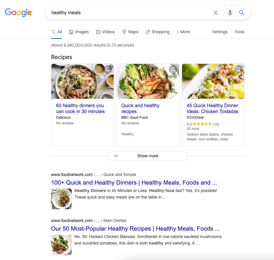 healthy meals search result