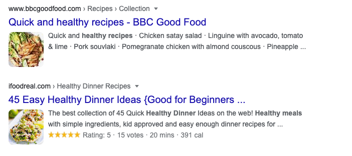 Two search results from Google about healthy meals