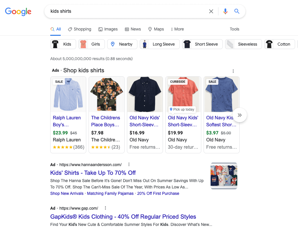 Kids shirts ads on Google PPC.