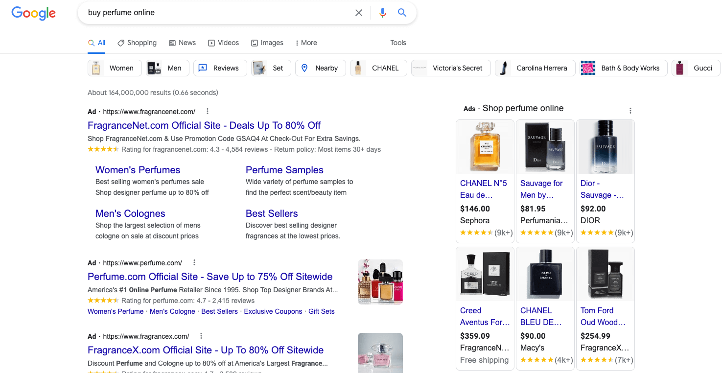 Paid search results for “buy perfume online”.