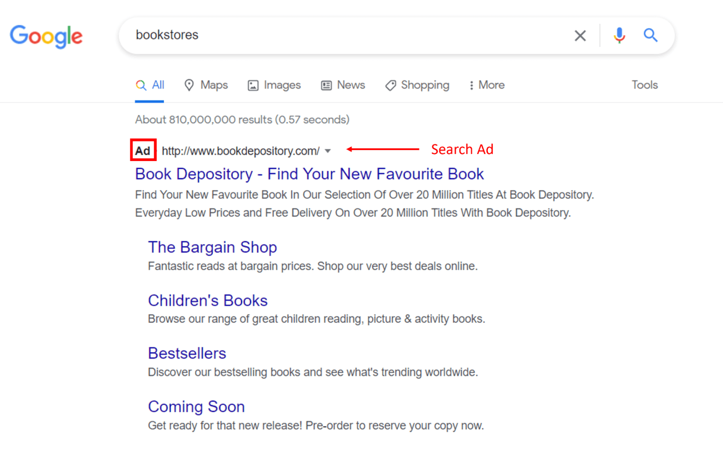 PPC search ad results for “bookstores”.