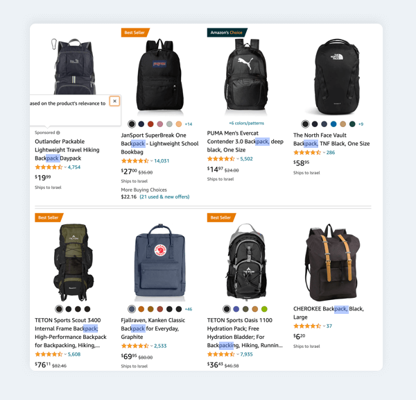 Fiche produit Amazon : résultats de recherche sacs à dos