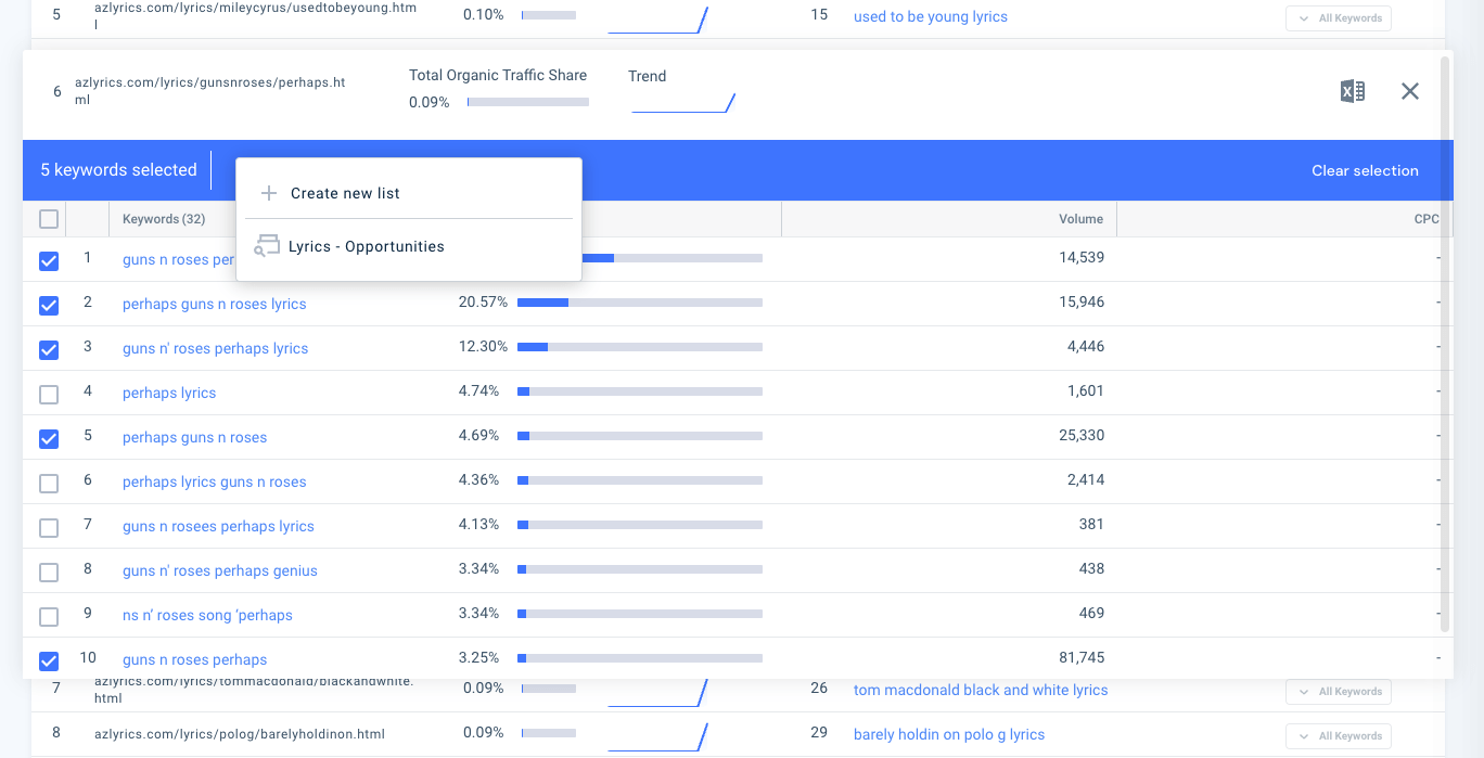 add keywords to a keyword list on Similarweb