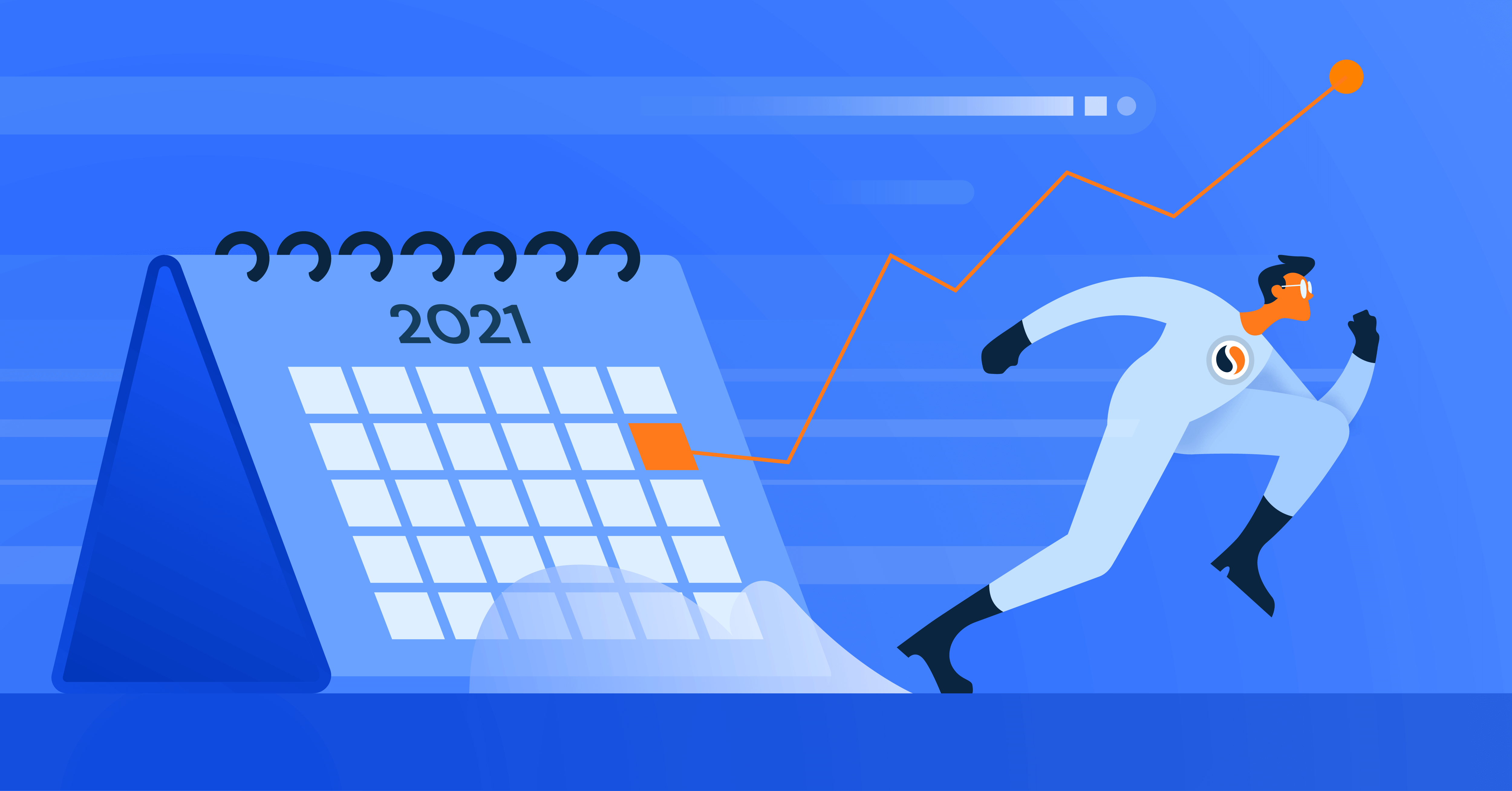 Content Calendar illustration with Similarweb superhero running and a line graph