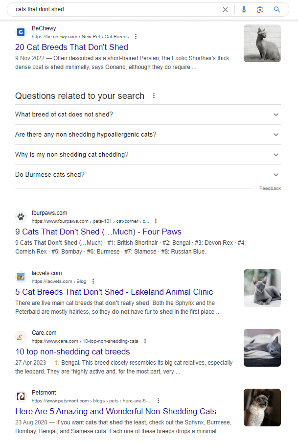 「毛が抜けない猫」というクエリに対する Google SERP