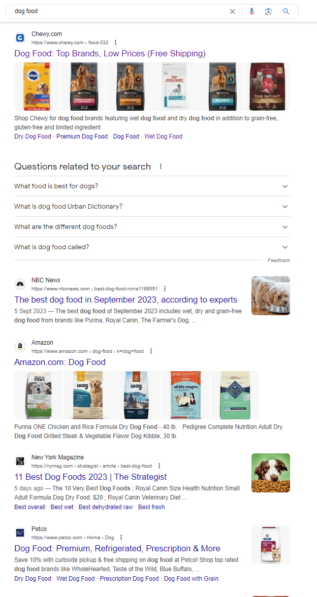 検索クエリ「ドッグフード」に対する Google SERP