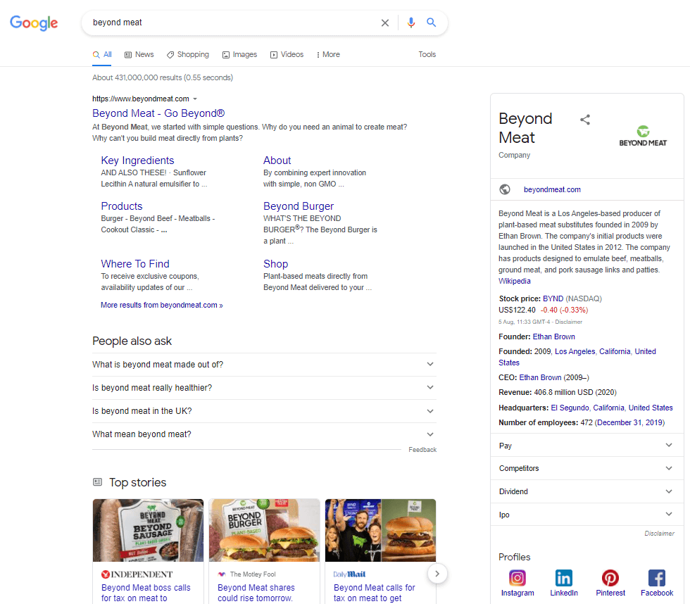 Beyond meat google search for brand SERP