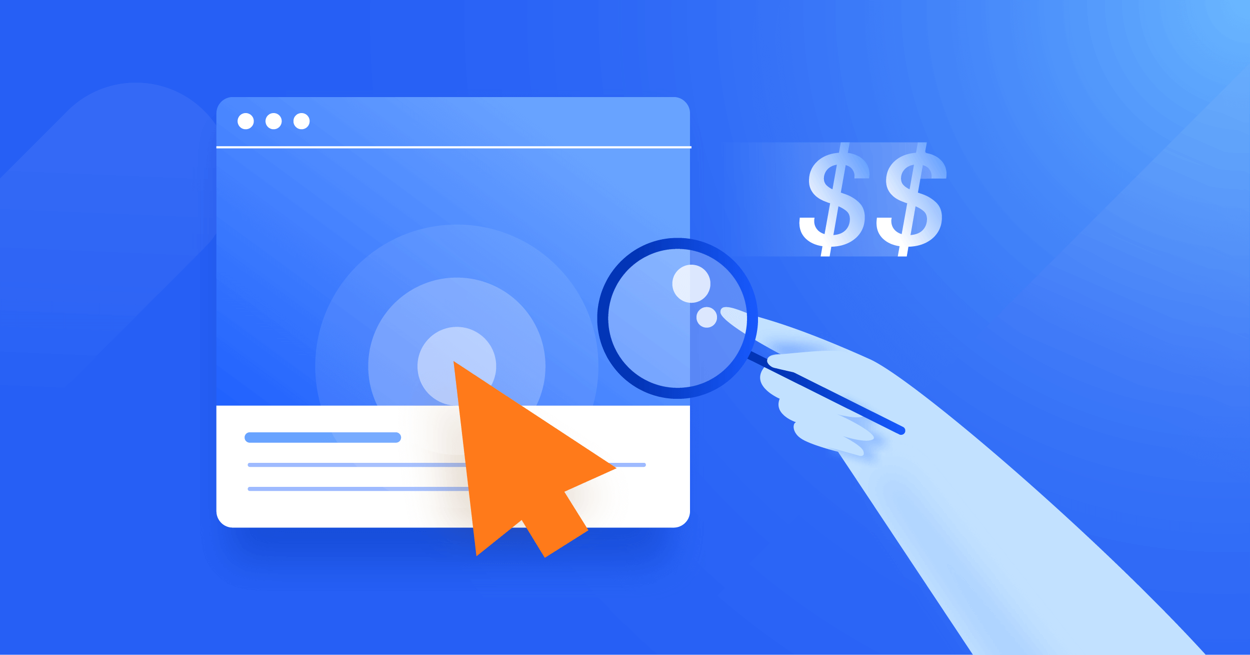 Illustration of a hand with a magnifying glass looking at ads and dollar signs for PPC Campaign Management