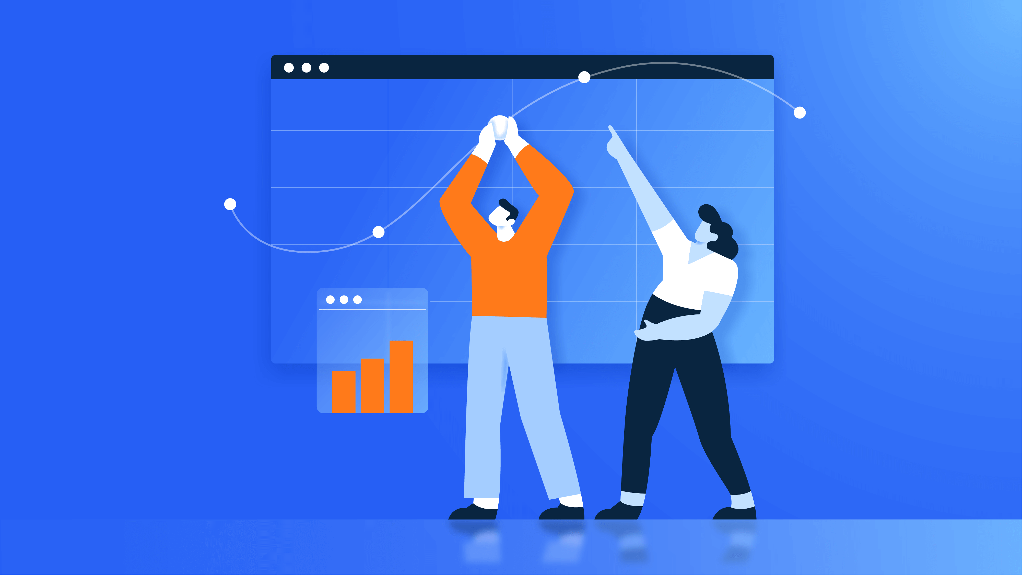  Illustration of man and woman measuring impact of PPC Strategy with line and bar graphs on a browser page