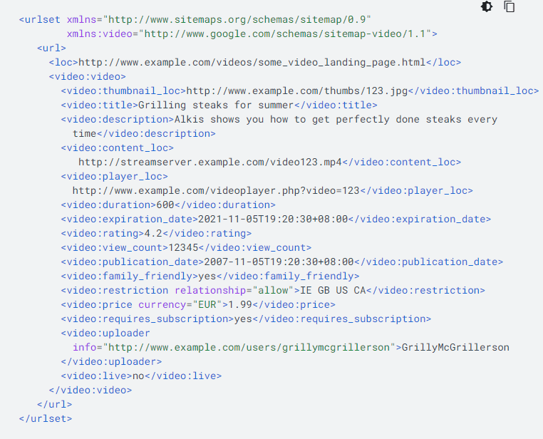 Example sitemap Google for Video Snippets