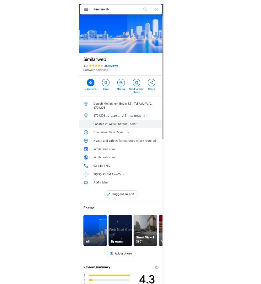 Google my business screenshot of Similarweb in Tel Aviv