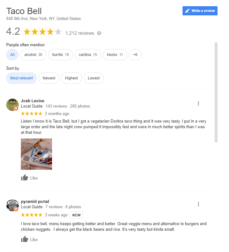 Google my business Taco Bell reviews in New York City