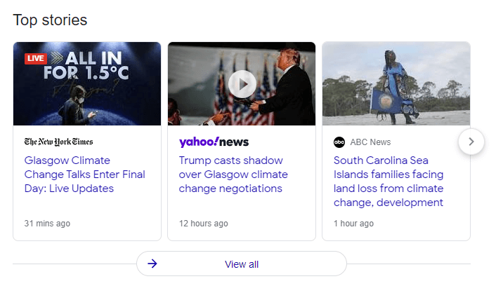 Climate change top stories featured on Google