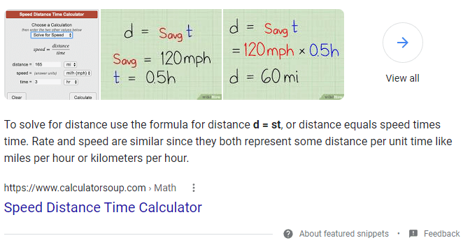 Speed,Distance, Time Calculator featured snippet