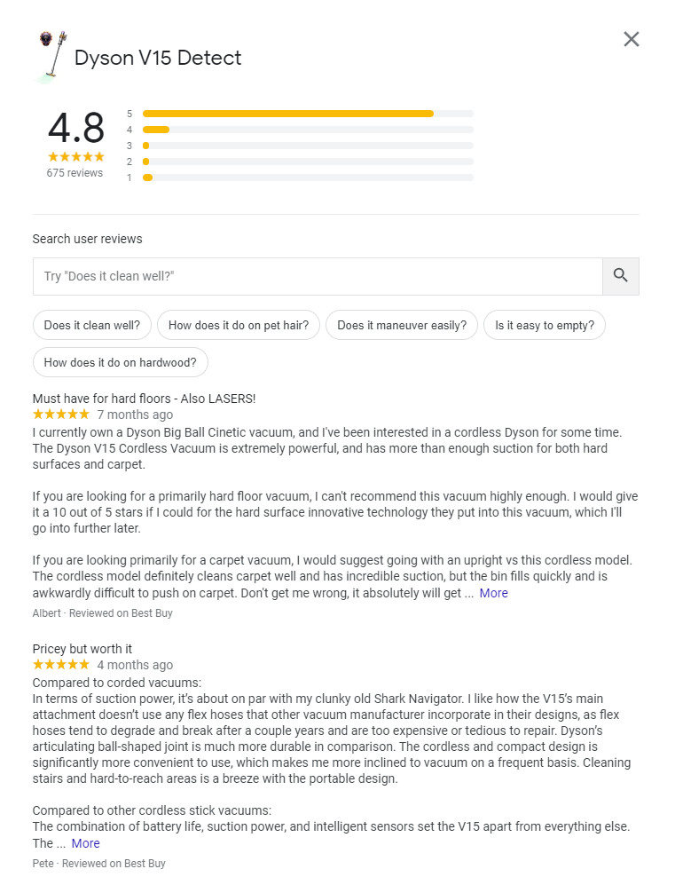 Dyson reviews on Google