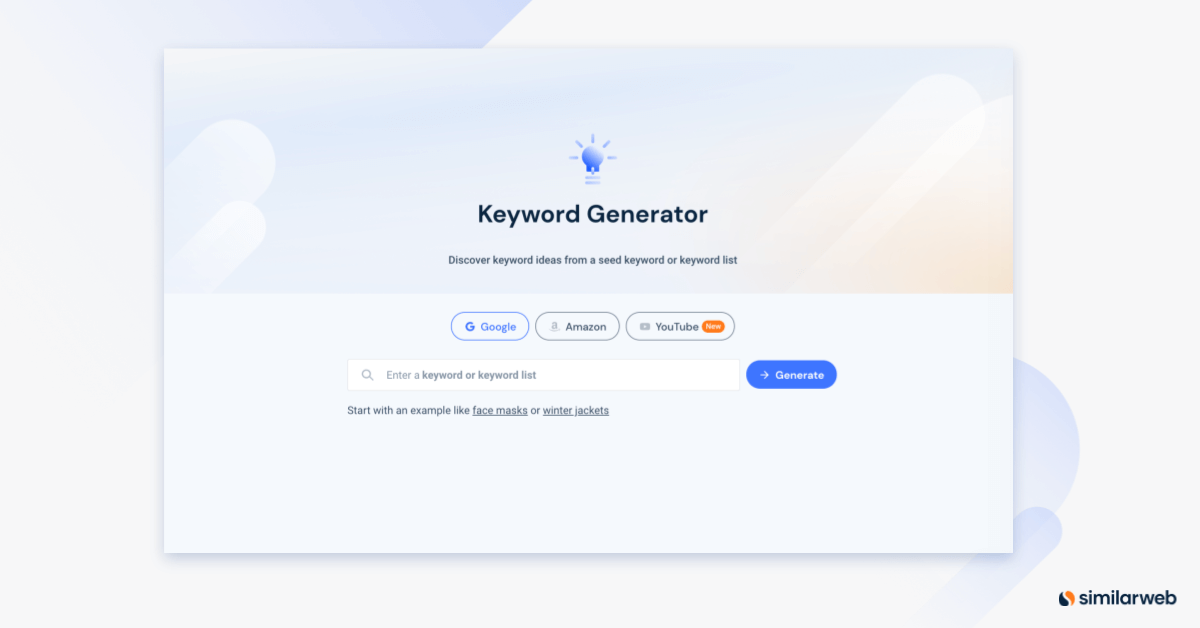 O Similarweb Keyword Generator pode mostrar as principais palavras-chave do profissional de marketing para os três maiores mecanismos de pesquisa Google, Amazon e Youtube