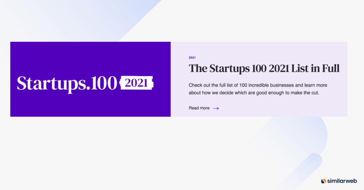 Startups 100 banner representing a successful content marketing campaign.