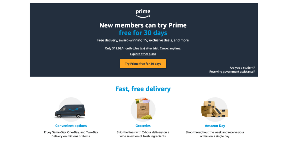 Bildschirmfoto der Amazon Prime Homepage