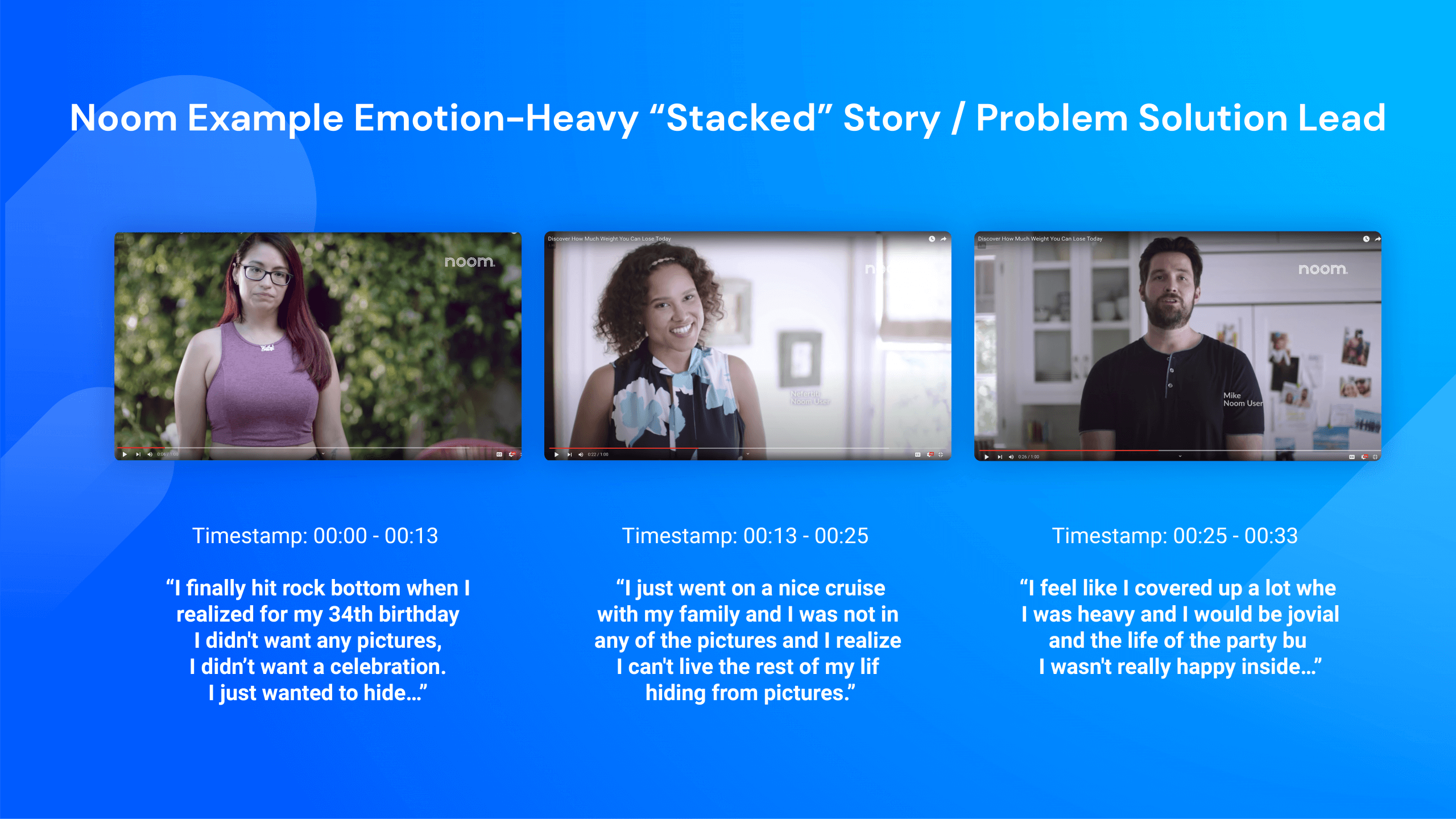 Noom example Emotion-Heavy "Stacked" Story/ Problem Solution Lead.