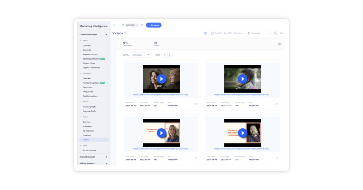 Similarweb Competitive Research showing video ads of Noom.