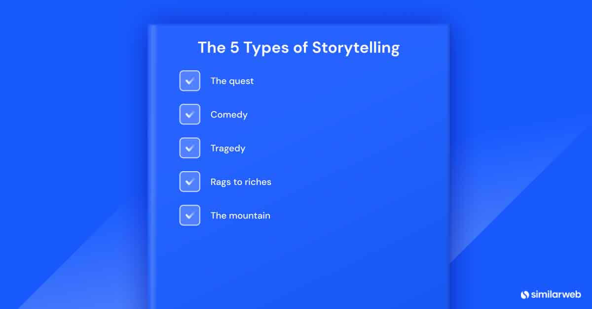 The 5 main types of storytelling: the quest, comedy, tragedy, rags to riches, and the mountain.