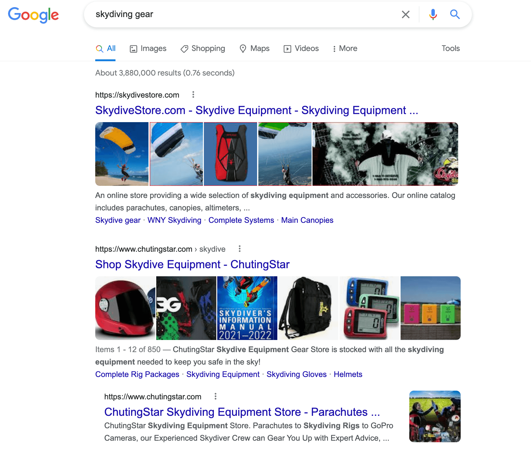 Search engine results page for skydiving gear.