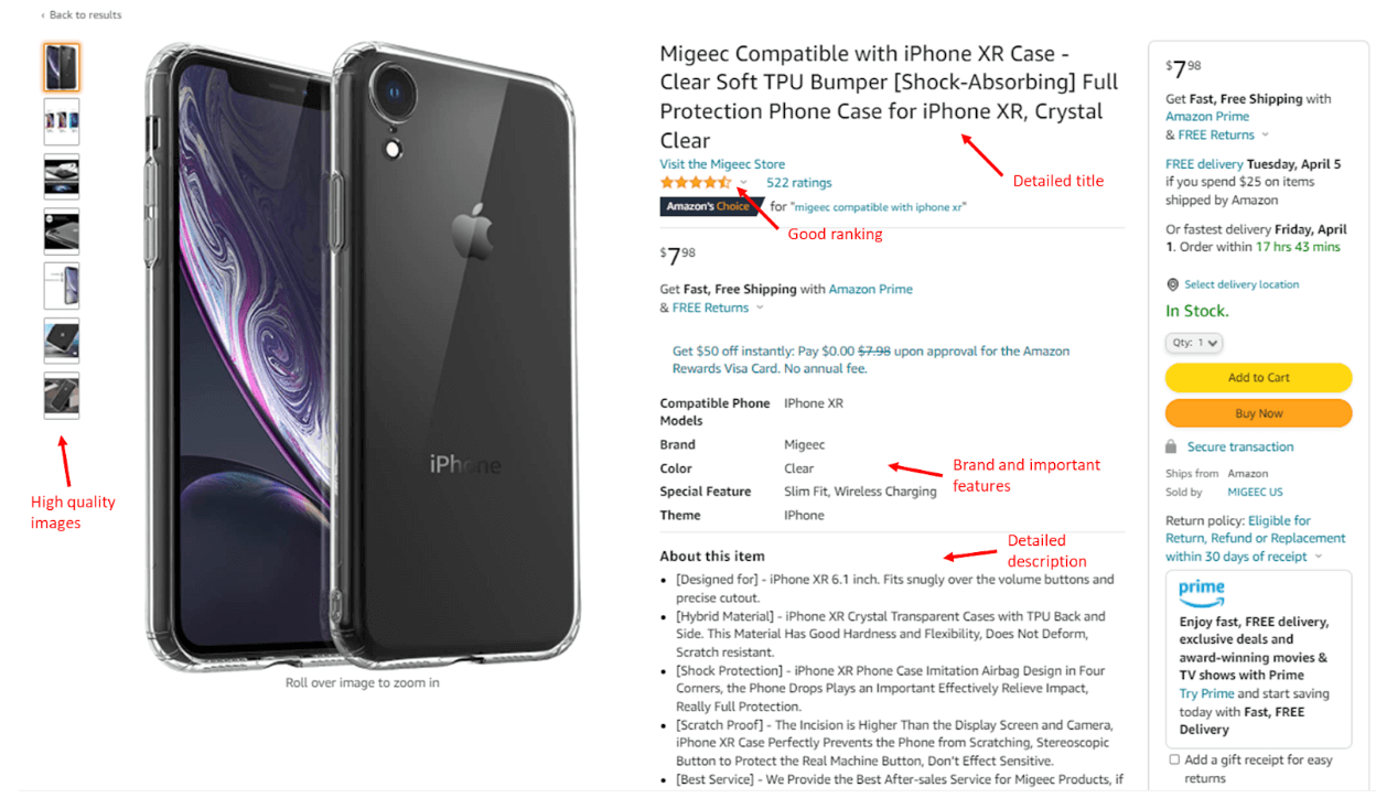 An example of a good product listing on Amazon.