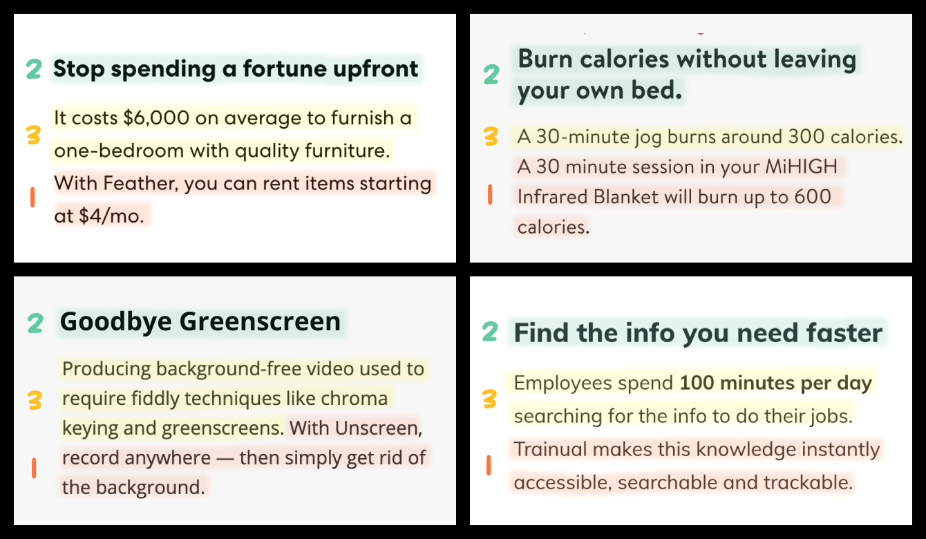 Use a ‘formula’ to highlight features and benefits.