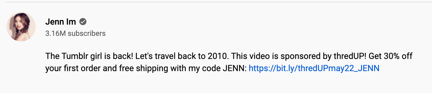 Screenshot description to video by Influencer Jenn Im