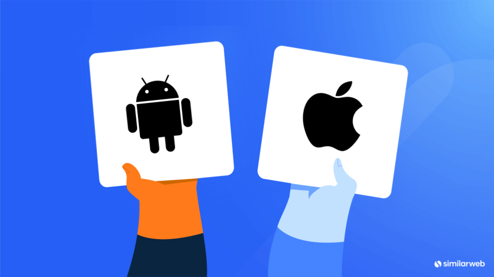 Ilustração de comparação de palavras-chave: marcas, Apple x Android