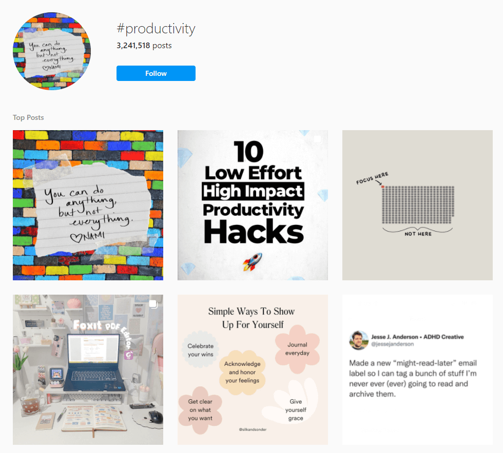 Searching on Instagram for hte hashtag #productivity.