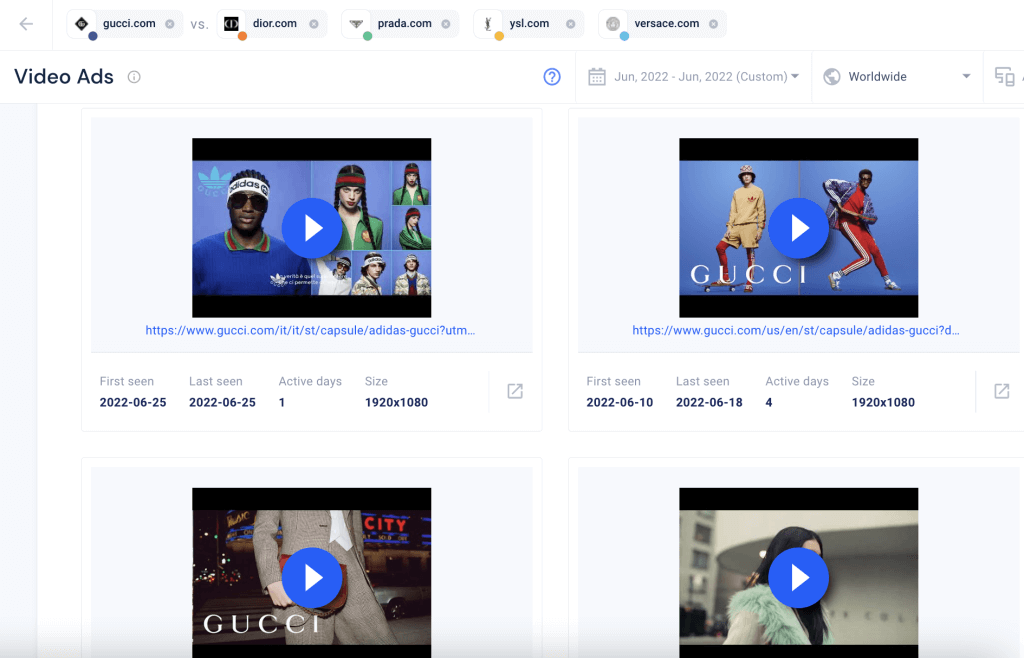 Screenshot of Similarweb competitors’ video ads display.