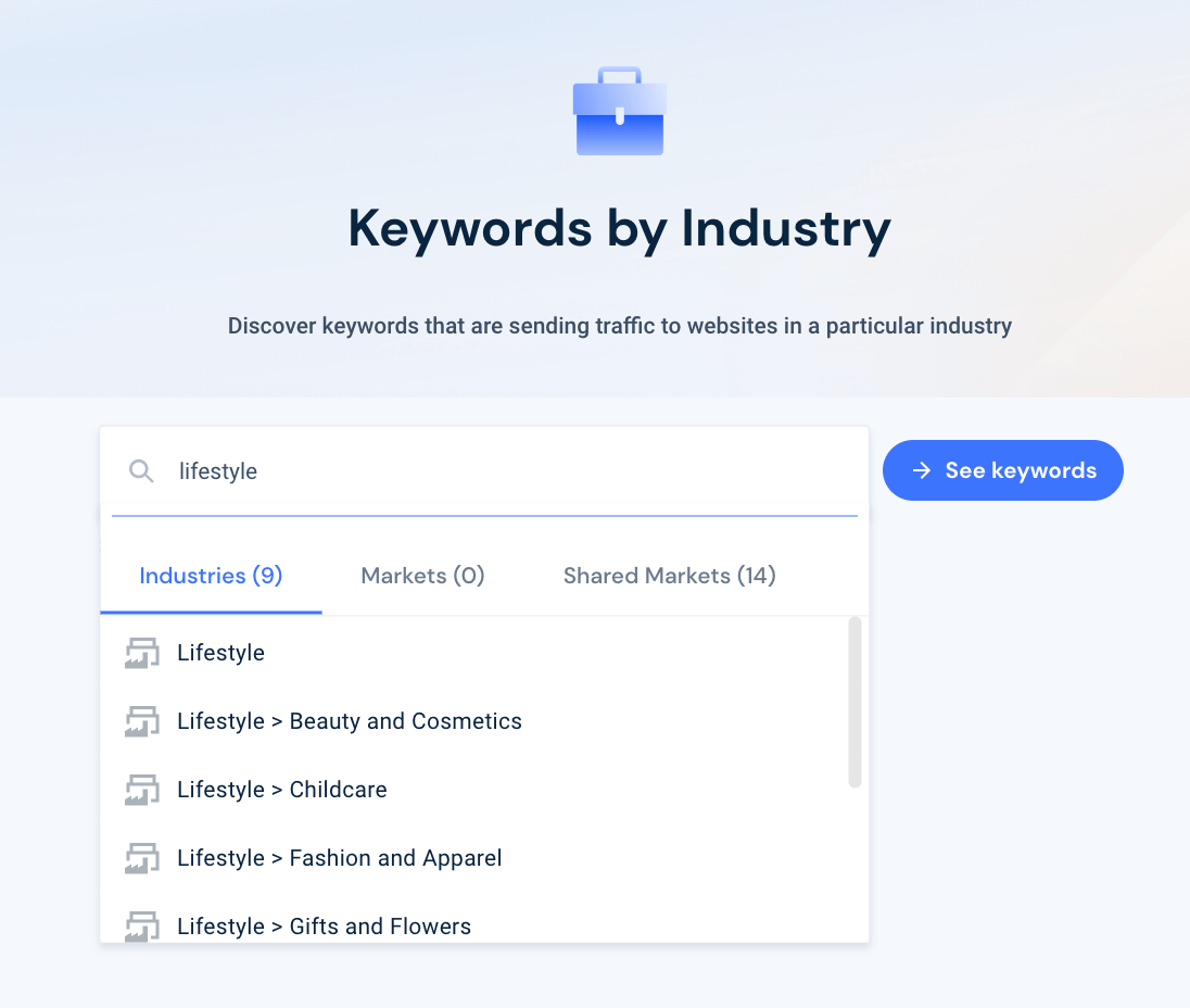 Screenshot of Similarweb keywords by industry selection window.