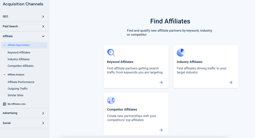 Screenshot of the Find Affiliates feature in Similarweb.