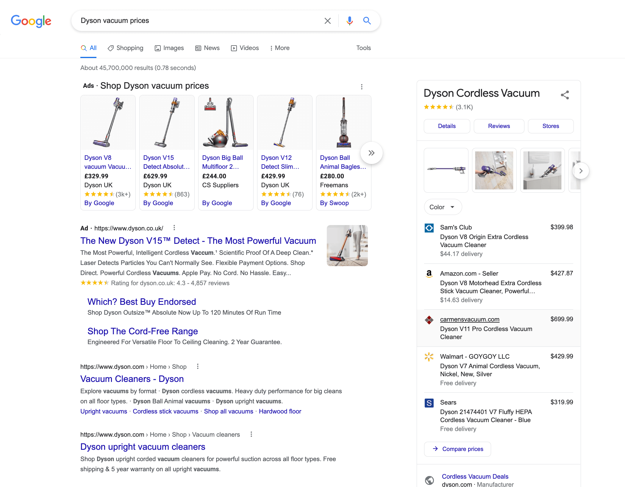 Google results page for Dyson Vacuum prices, a keyword with transactional search intent. 