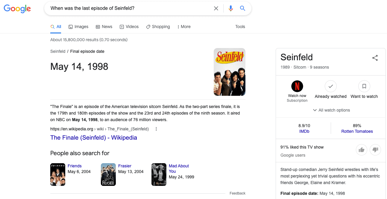 Google results for - when was the last episode of Seinfeld? - a keyword with informational search intent.