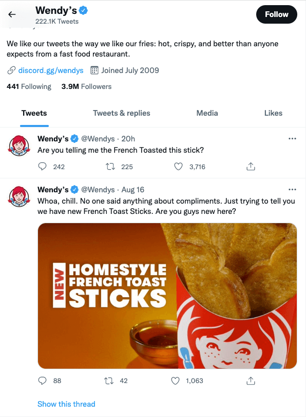 Wendy's Twitter page as an example of a strong social media marketing strategy.