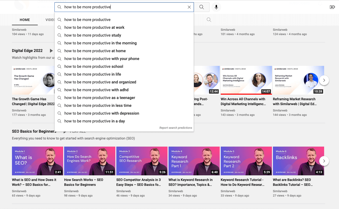 Screenshot of YouTube autocomplete results for “how to be more productive”