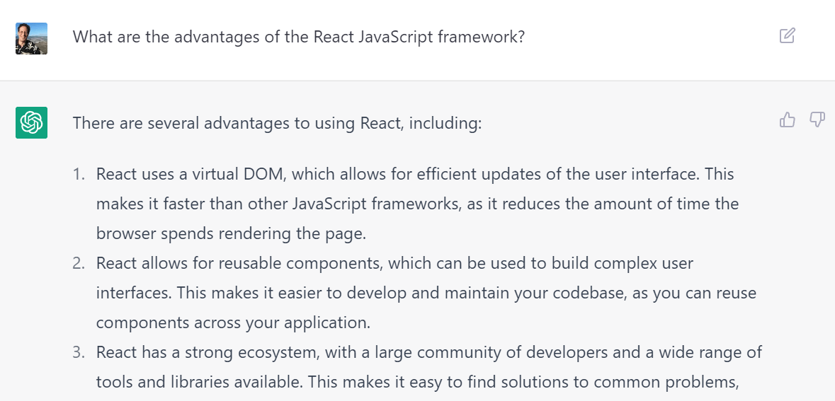 screenshot of ChatGPT's take on the virtues of React