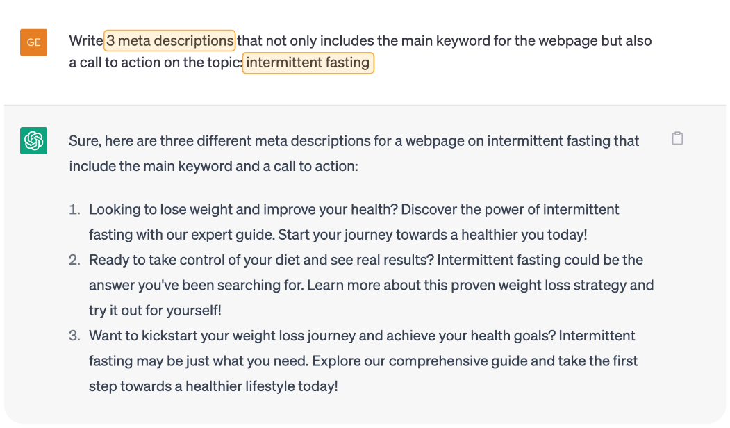 intermittent fasting meta descriptions by ChatGPT