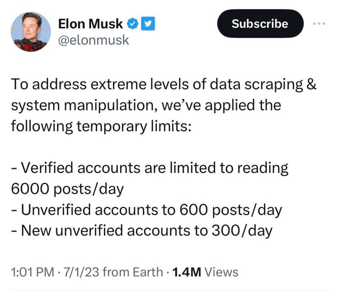 A tweet by Elon Musk about limitations on Twitter