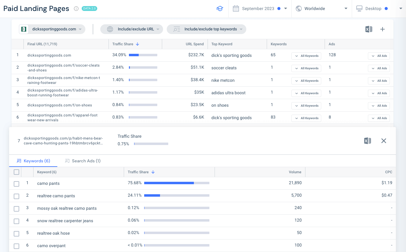 Paid Landing pages top keywords