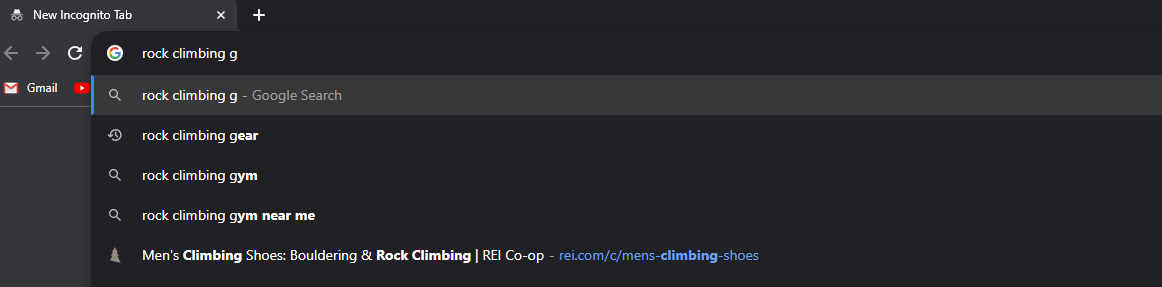 Google's Autocomplete showing 'climbing g' results