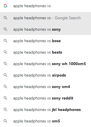 Google's Autosuggest displaying 'apple headphones' results