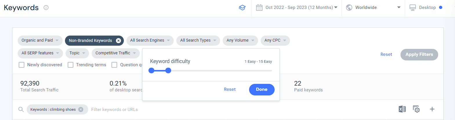 Keyword Difficulty filter set to 15