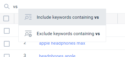 Filtering the results to only show keywords that include 'vs'