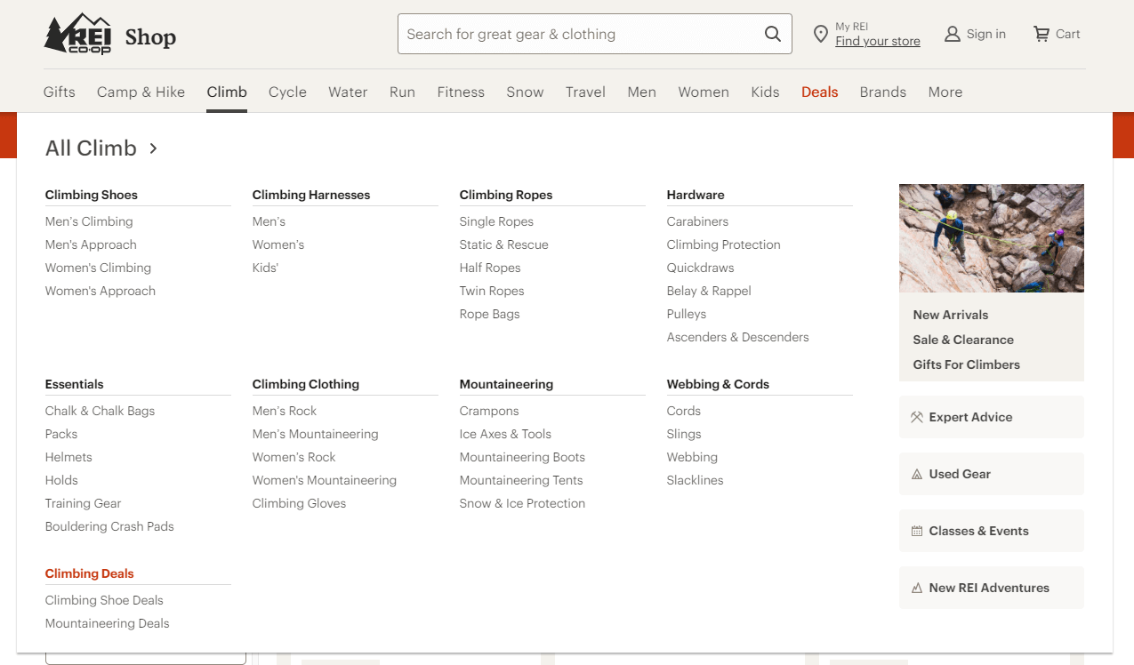 rei.com climb mega menu