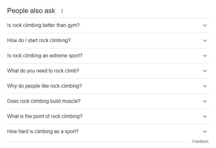 People Also Ask box for the query 'rock climbing'