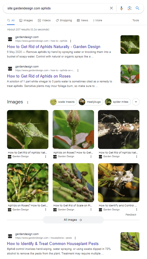 Google SERP showing Garden Design pages including the word aphids