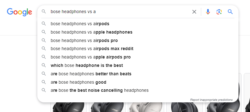 Google's Autosuggest for Bose headphones vs. a…